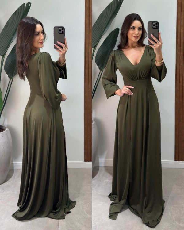 vestido festa manga irene verde oliva