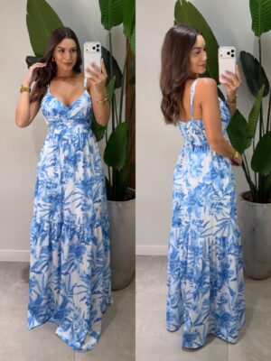 vestido longo flores isis azul claro