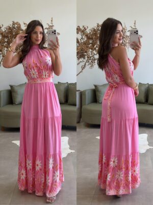 vestido gola alta teresa fúcsia