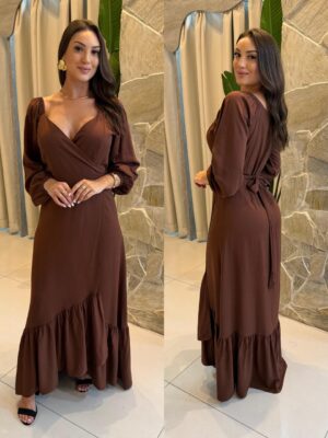 vestido longo manga karina marrom