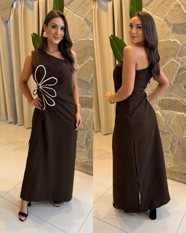 vestido longo manga karina marrom