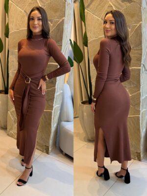 vestido longo manga karina marrom