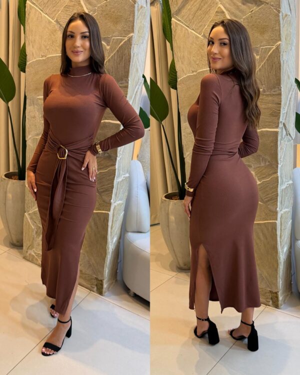 vestido longo manga karina marrom