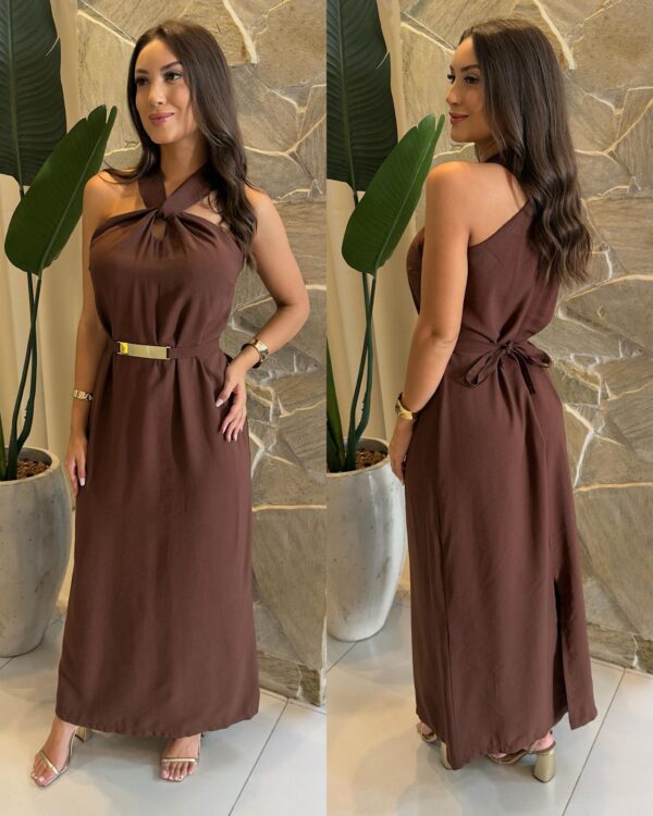 vestido longo fivela cristina marrom